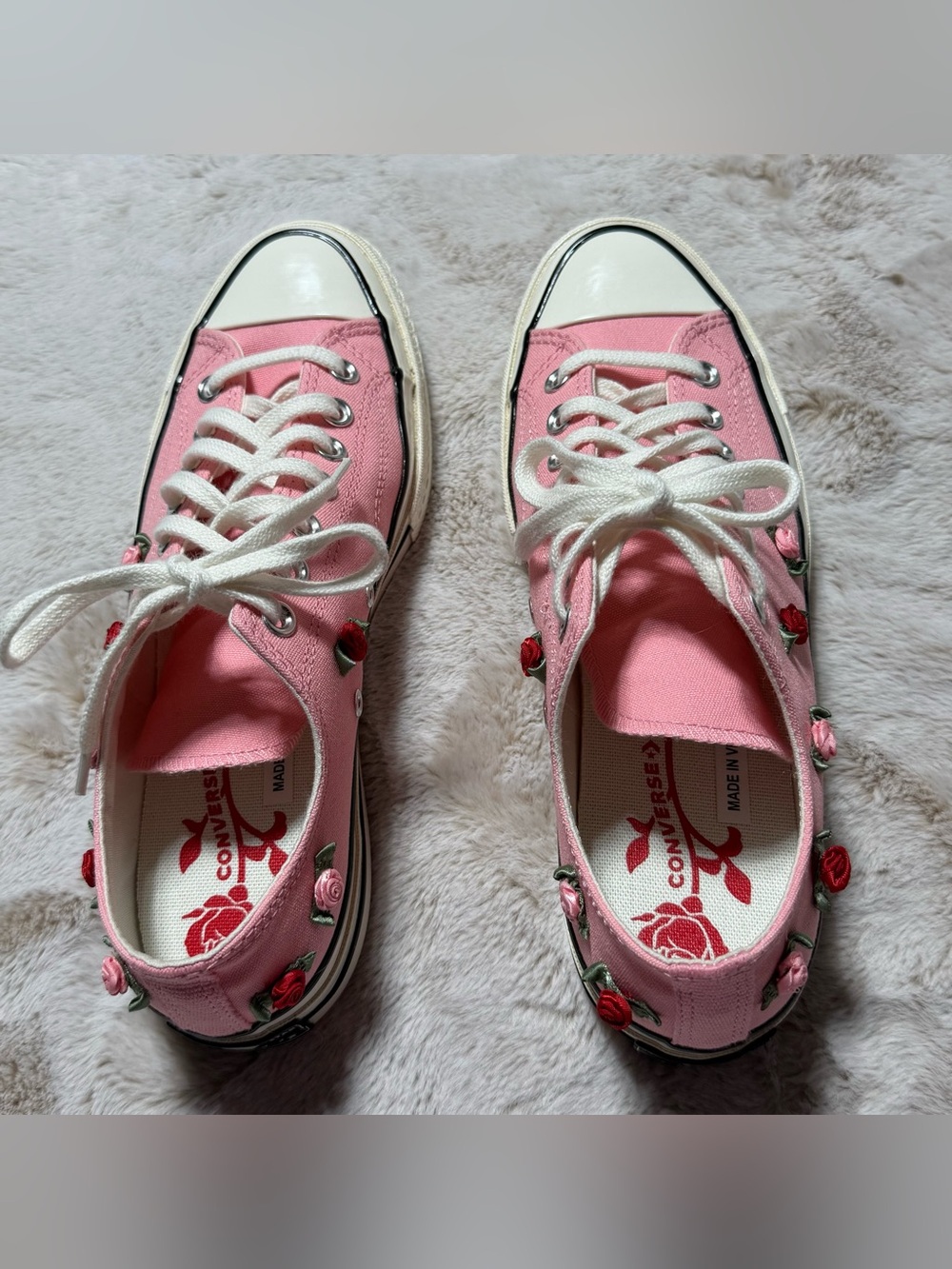 Converse Pink Low Top Sneakers with Red & Pink Rose Embroidery